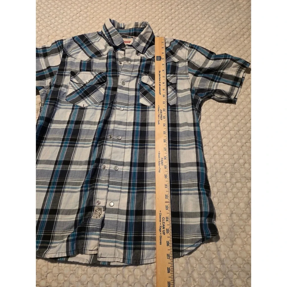 Levis Western Shirt Mens Small Blue Plaid Pearl Snap Short‎ Sleeve Excellent